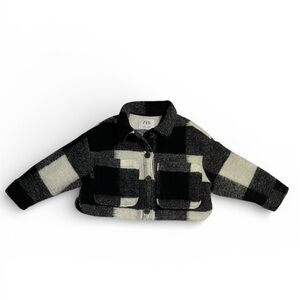 Zara Kids Girls Shacket Jacket Size 6-7 Black and White Plaid Cropped Button Up